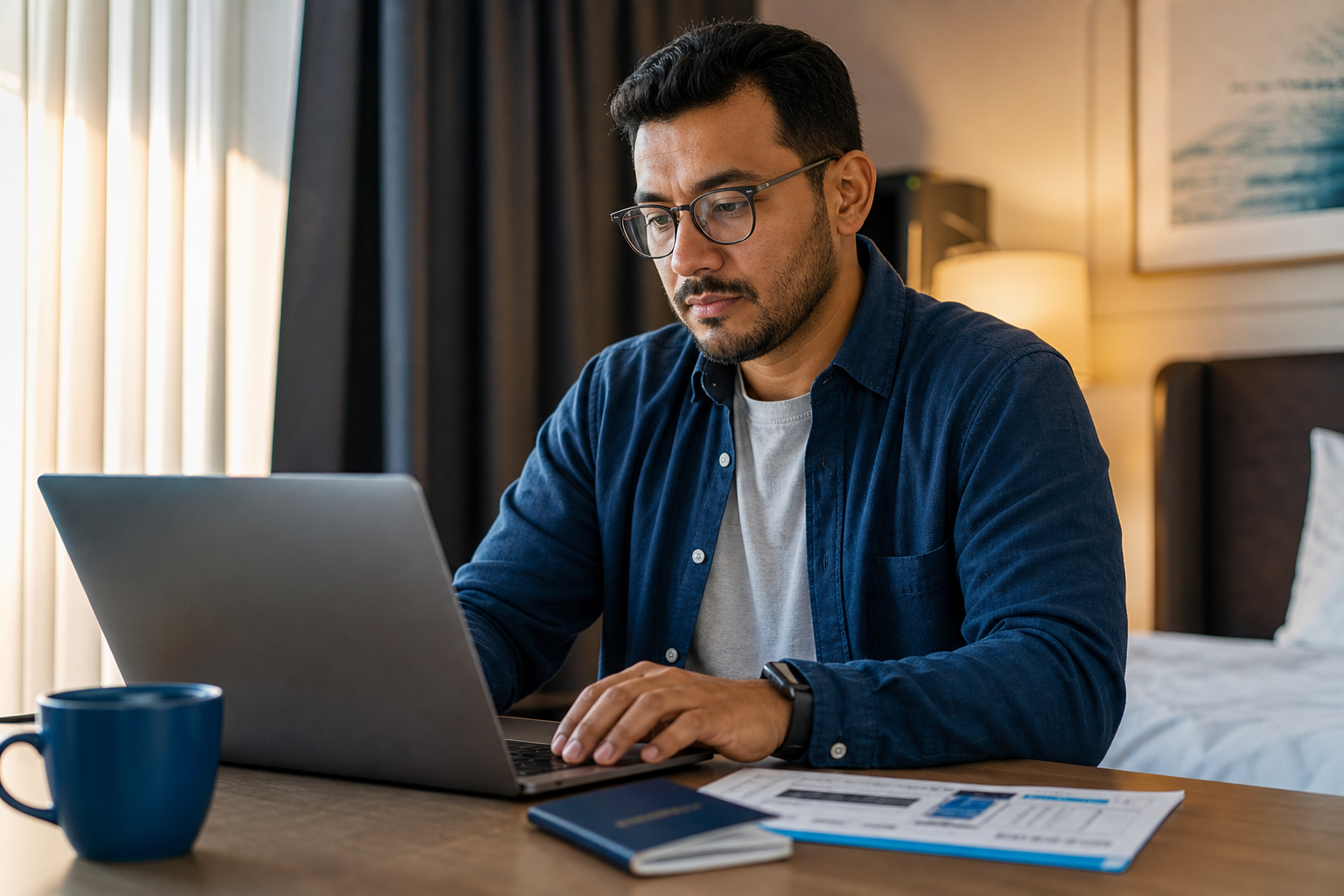 traveler booking a trip on a laptop with passport nearby