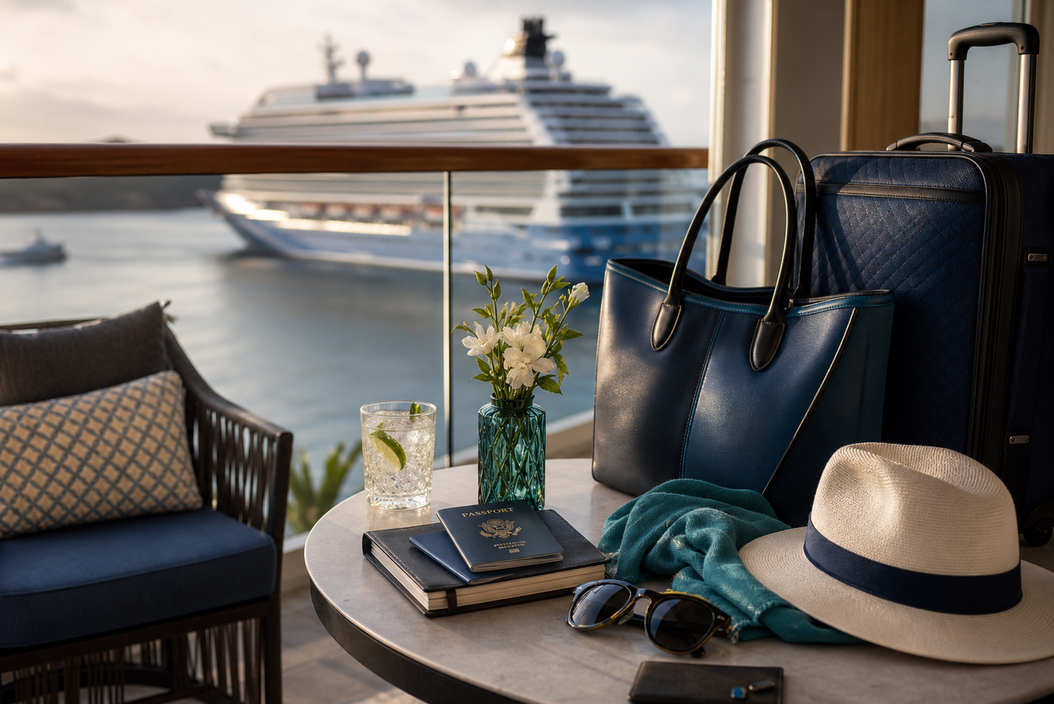 Luxury Cruise Ship on Resort Balcony with Elegant Luggage