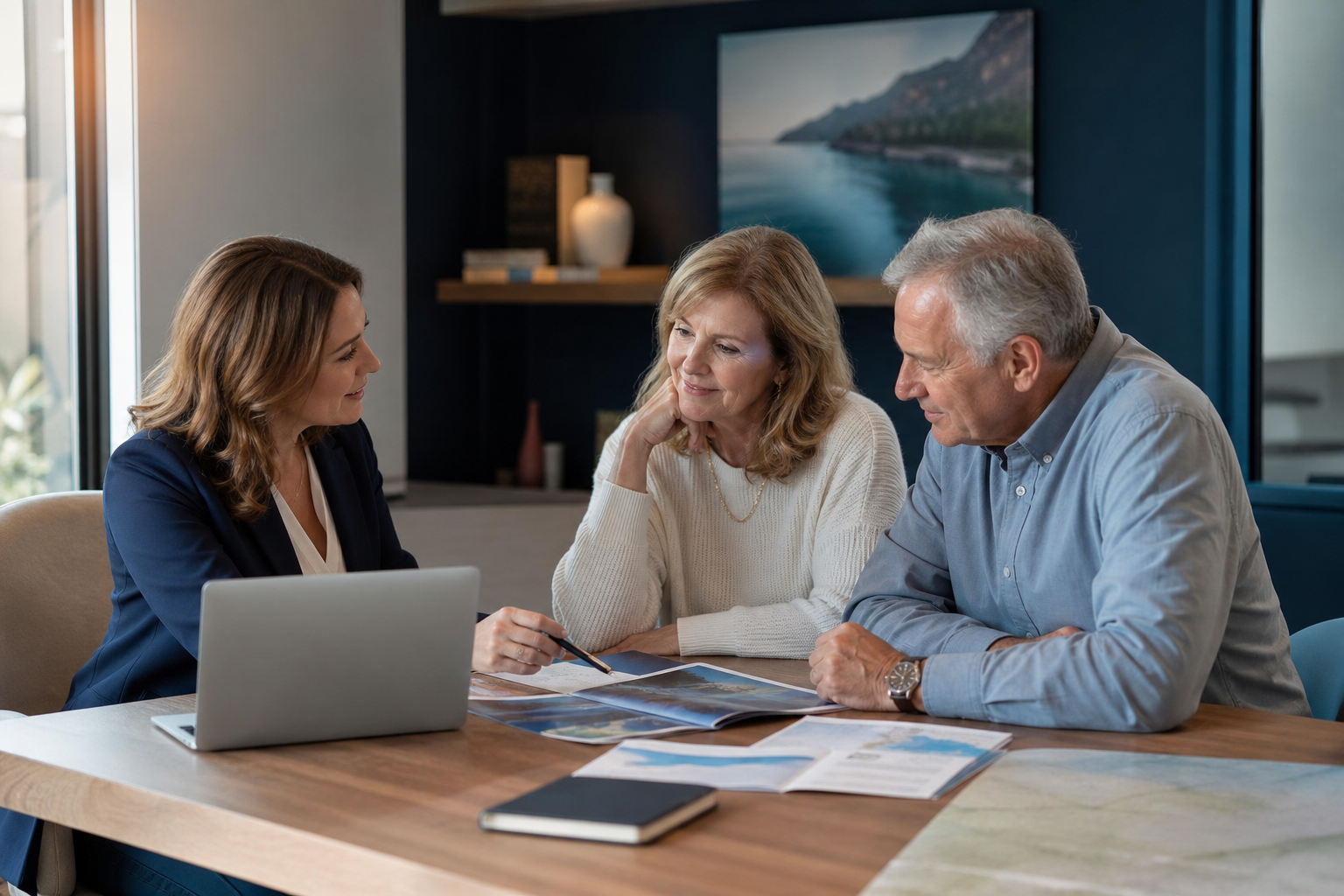 Family sitting down with travel insurance agent