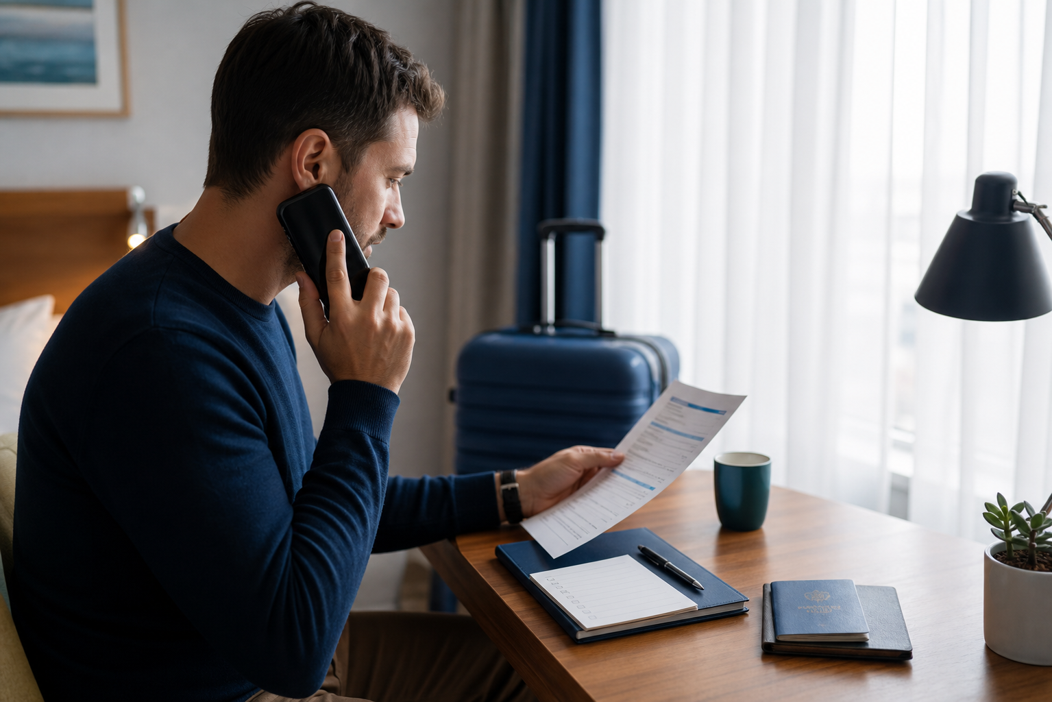 A man seeming to be on a business call while overlooking documents