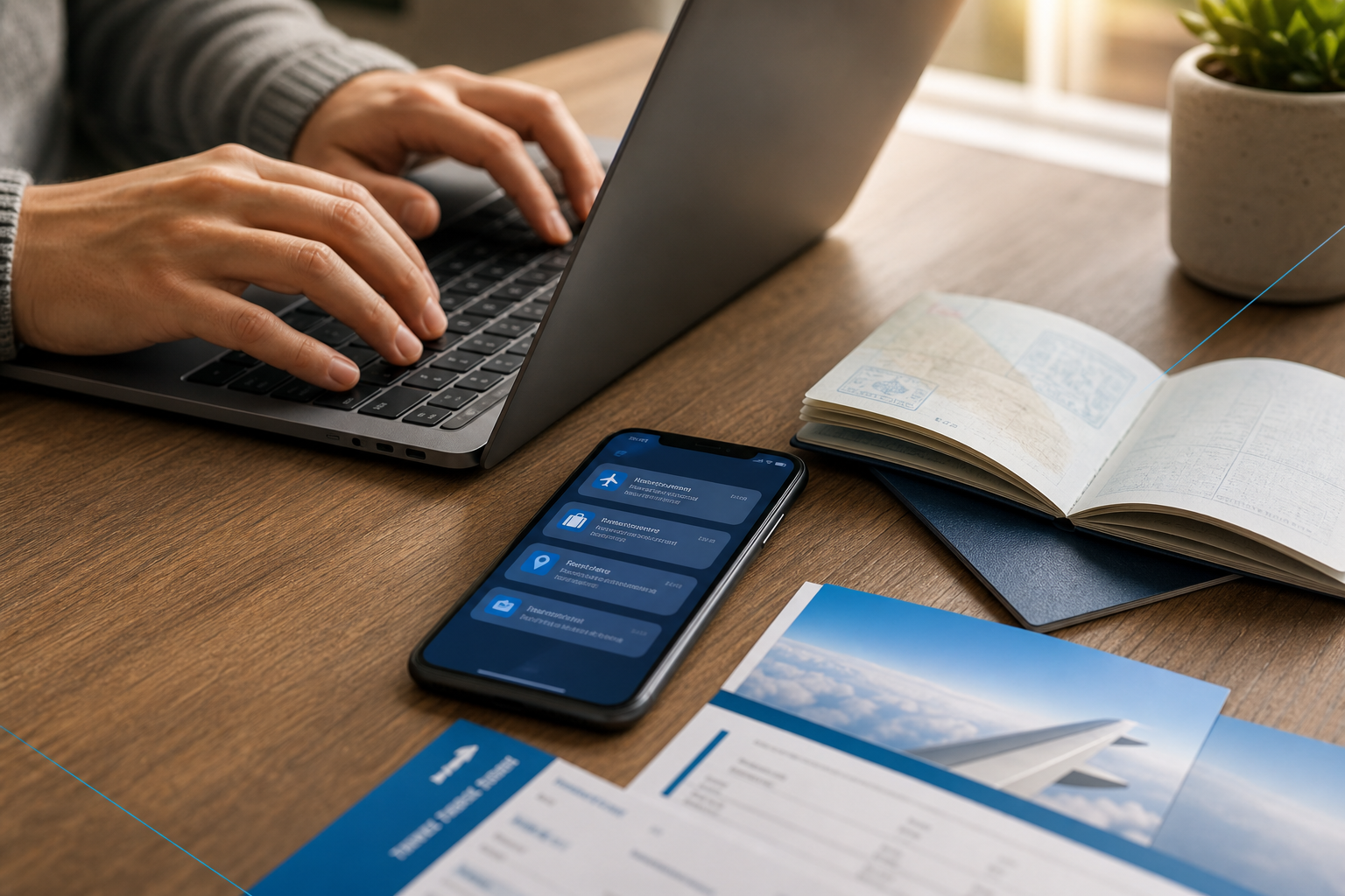 A phone, laptop, and other documents laying on a desk