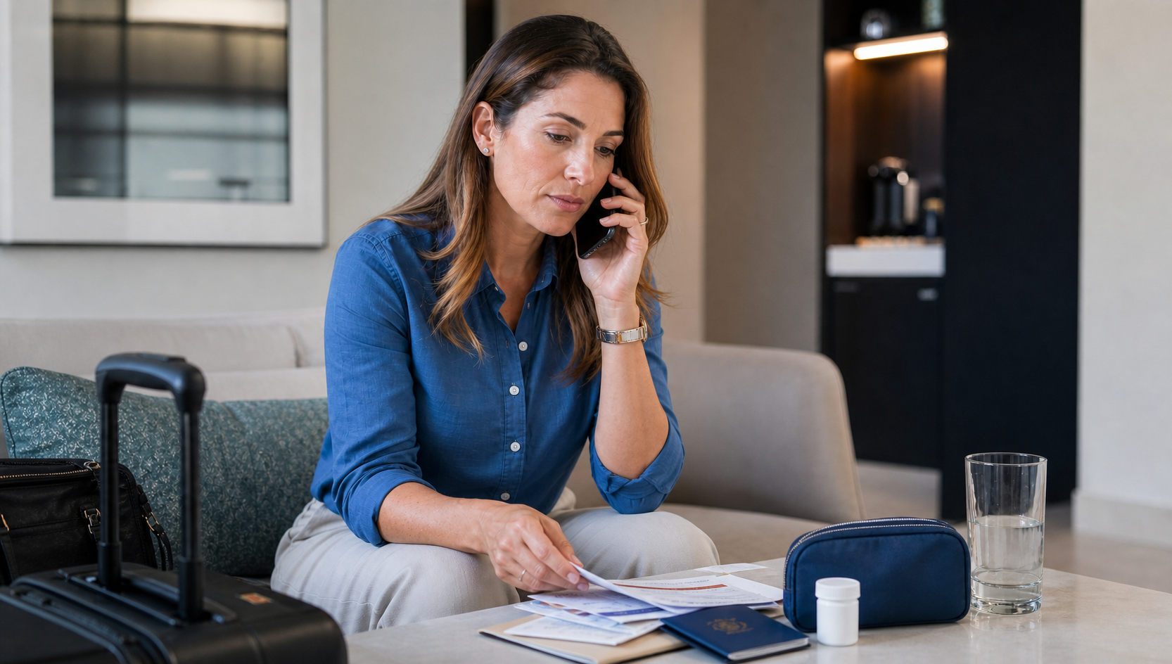 A business woman making a phone call with documents on the table