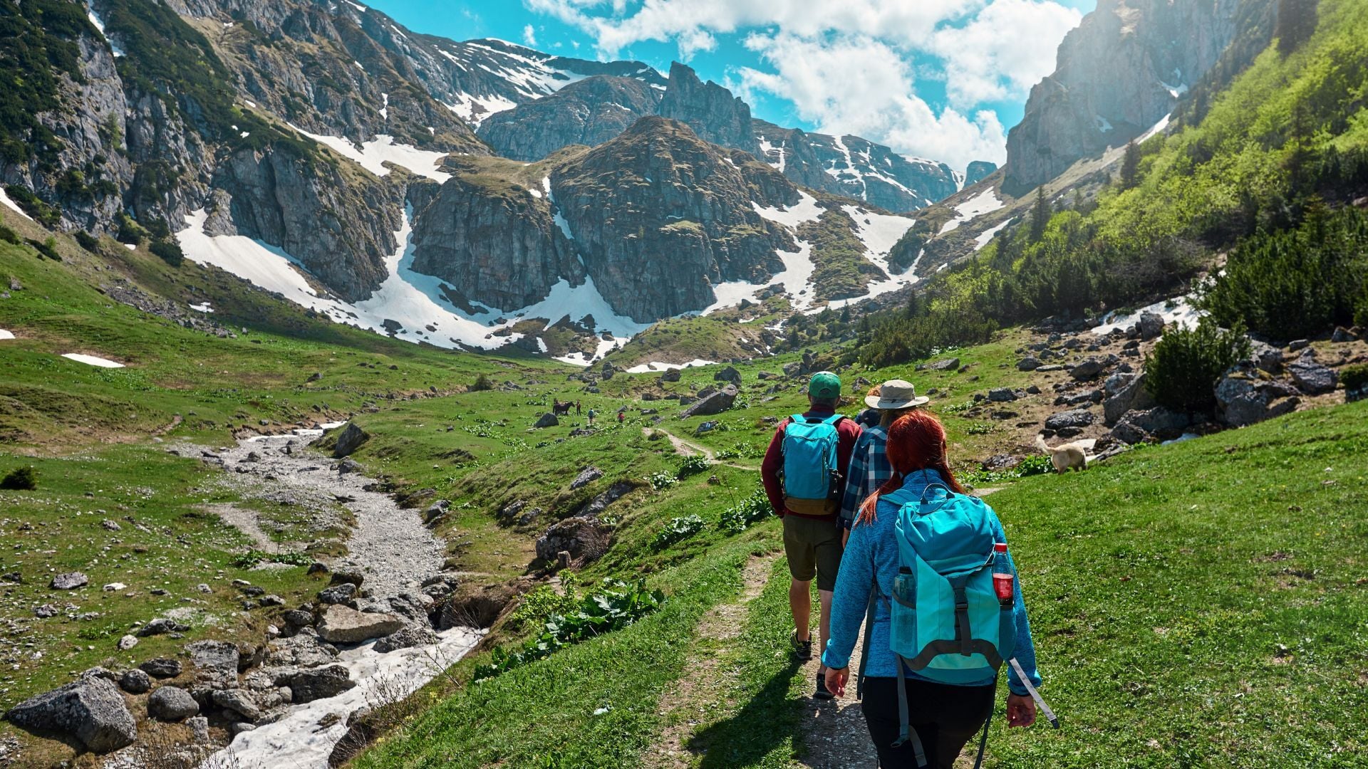 Tourists hiking through the mountains