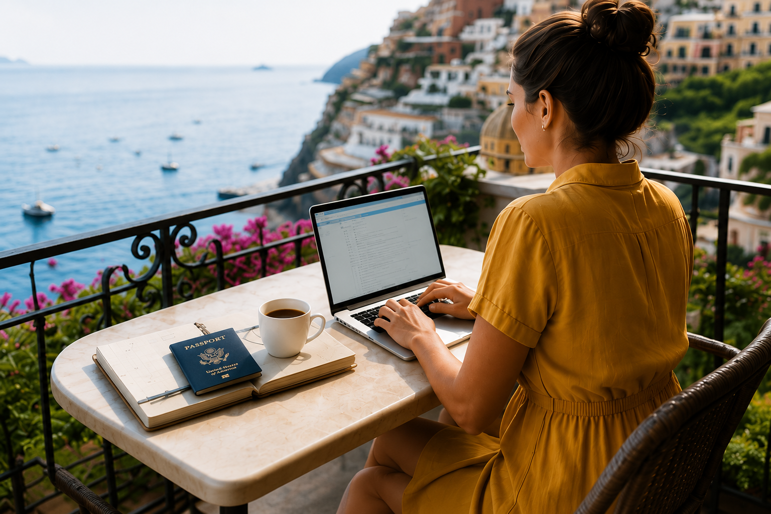 A woman working with a coffee next to her